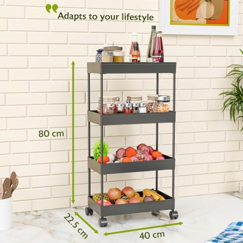 Image of TEKCOOL Plastic Storage Rack for Bedroom /Shelf for Bedroom /Bathroom Storage Rack /Trolley for Kitchen Storage /Multipurpose Storage Rack (Black, 4 Layer)