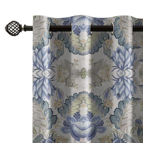 Image of LINENWALAS Printed Blackout Curtains for 5 Feet Window | Set of 2 | Printed Drapes | Thermal Insulated, Room Darkening Panels with Grommet Hanging for Living Room (Indigo jacobean)