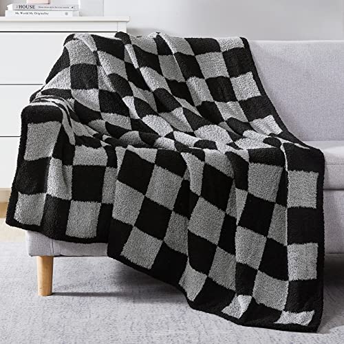 Image of WRENSONGE Checkered Throw Blanket, Black Grey Checkered Microfiber Soft Cozy Fluffy Warm Hand Made Weave Throw Blankets for Couch, Sofa, Chair, Bed, Picnic,Travel Lightweight Bed Blanket - 50"*70"