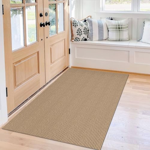 KOZYFLY Boho Rugs for Entryway 3×5 ft Washable Front Door Area Rug Indoor Rubber Backed Kitchen Area Rug Front Porch Mat Cotton Floor Carpet for Entryway Bathroom Living Room Kitchen, Tan/Brown
