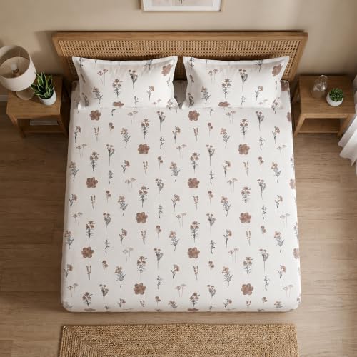 Image of HOMEMONDE Cotton Fitted Sheet Floral Printed Queen Size Elastic Fitted Bedsheet with Two Pillow Covers |186 TC | (78 x 72 Inches, Prairie Charm) | Perfect for Home Decor & Gifting