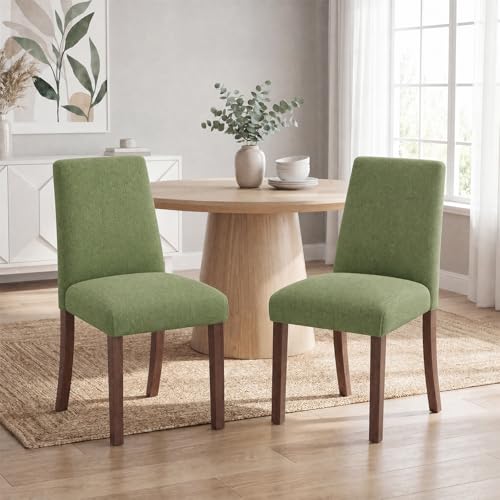Image of Upholstered Dining Chairs Set of 2, Mid-Century Dining Room Chairs with Wooden Legs, Farmhouse Fabric Parsons Chairs for Small Space Restaurant & Cafe- Green