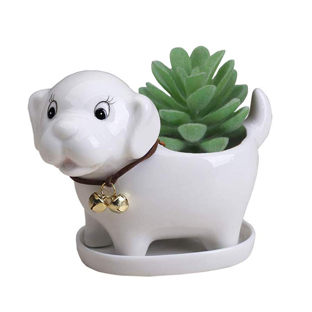 Gemseek Cute Dog Succulent Planter Pot with Drainage Tray, Small White Ceramic Flower Cactus Container, Animal Puppy Indoor Air Plants Holder