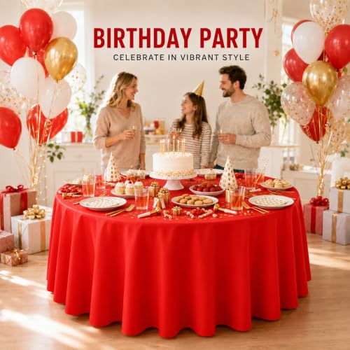 Image of WNINK 4 Pack Red Round Tablecloth, 84 Inch Disposable Plastic Table Covers, Red Round Table Cover for Birthday Parties, Holiday, Picnic, BBQ, Family Gathering Party Supplies