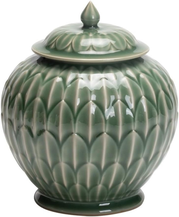 SONGCHAO Sugar Jar Celadon Embossed Ceramic Loose Tea Storage Jar Chinese Retro Tea Set Container with Lid Ceramic Jar Food Storage Jar Tea Canister (Color : Large)