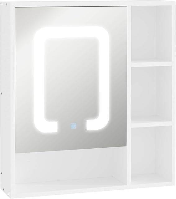 kleankin LED Bathroom Mirror Cabinet, Wall-mounted Bathroom Cabinet with Lights, Illuminated Bathroom Wall Cabinet with 4 Open Shelves, Dimmable Touch Sensor Switch and USB Charge, 60 x 65cm, White