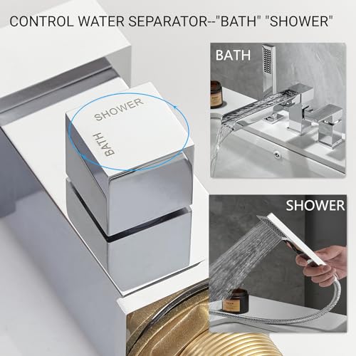 Grifería para Bañera con Cascada y Rociador, Relleno para Bañera Romana de 3 Agujeros con Duchador de Mano, Montaje en Cubierta, Acabado en Cromo miniatura 2