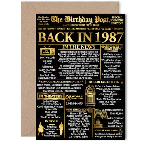 Stuff4 Gold 39th Birthday Card for Men Women - Black & Golden Newspaper Back in 1987 - Happy 39 Birthday Cards for Colleague Husband Friend Cousin Wife Son, 5x7 Inch Bday Greeting Cards