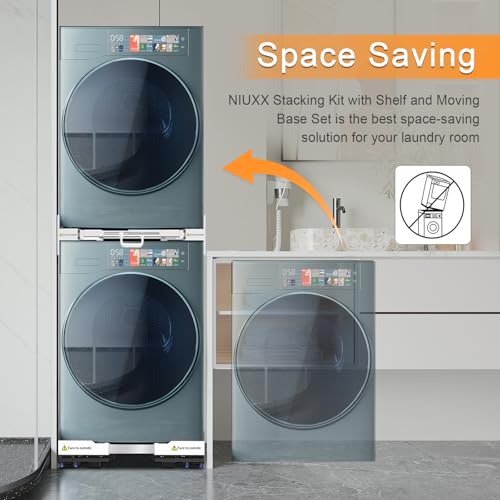 NIUXX Universal Stapelset und Beweglicher Sockel für Wäschetrockner und Waschmaschine, Größenverstellbar mit Ratschenseil und Ausziehbaren Trockenständern für Wasch- und Trockenmaschinen Platz sparend