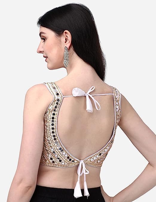 Pujia Mills Women's Multicolor Heavy Phantom Silk Thread Zari And Sequence Work And Real Mirror Hand Work Readymade Saree Blouse (Sleeves Attached Inside) (Kanchi Blouse_White_38 Size+ Margin)