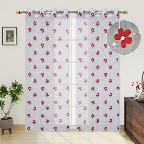 Image of Embroidery Floral Net Transparent Sheer Curtain - 9X4 Feet, Long Door Curtains, Maroon, Pack of 1 Pc