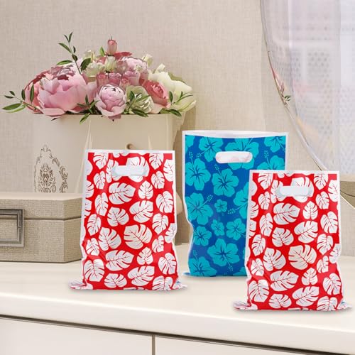 SAVITA 50stk Hawaii Party Geschenktüten, Cartoon Rot Blau Süßigkeitentüten mit Griffen Snackbeutel mit Blumen und Blattmuster für Geburtstag Insel Thema Partyzubehör