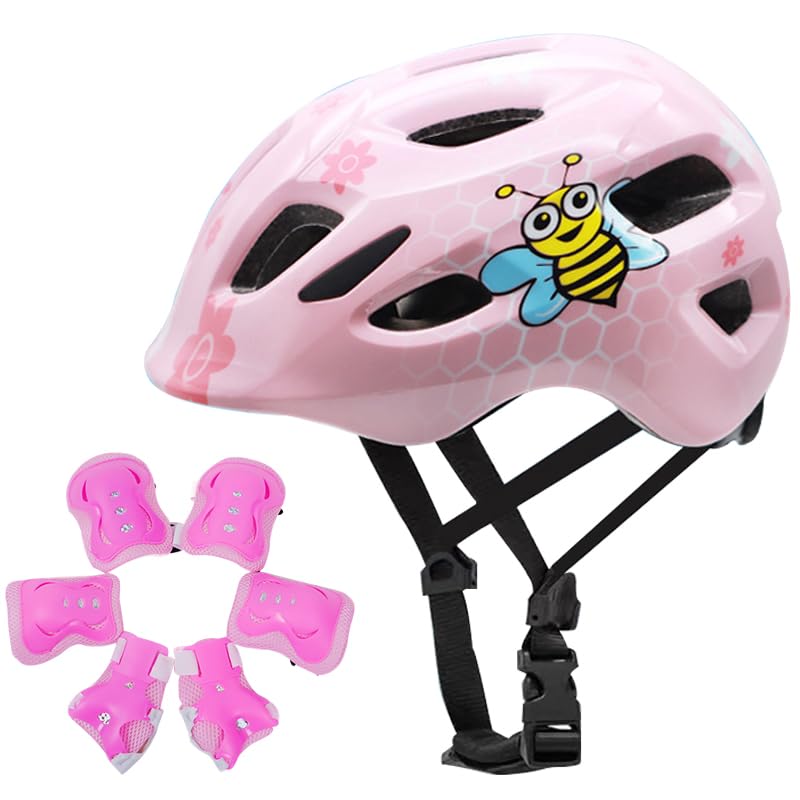 Felirzavy Kids Bike Helmet & Protective Gear Pad Set，Adjustable Toddler Helmet with Knee Elbow Pads & Wrist Guards, Outdoor Sports Protective Equipment Set for Age 3-6 Girls Bicycle Skateboard Scooter