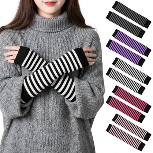 Culinavog 5 Paar Fingerlose Handschuhe für Handgelenk mit Daumenloch, Gestreift Stricken Armwärmer für Frauen, Langarm Fäustlinge für Herbst Winter