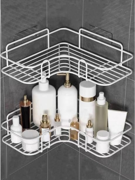 MOMISY Wall Mounted Self Adhesive Corner Shelf for Bathroom Corner/Kitchen Rack Holder with Magic Sticker/Bathroom Organizer Without Drill (2, L Shape White)