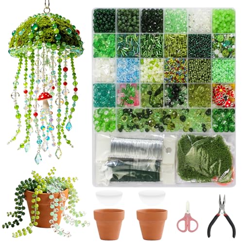 TngsChryxia Green Beaded Plant Kit 5437Pcs Glass Beads for Plant Making Green Flower Beads Bulk for DIY Beaded Plants with Video Tutorials Assorted Seed Bead for Making Crafts Earrings Necklace