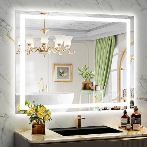 Image of 44x36 Inch LED Bathroom Mirror with Lights Front and Backlit Lighted Vanity Mirror for Bathroom Wall with 3 Colors Dimmable Anti-Fog Memory Shatter-Proof IP54 Waterproof Horizontal /Vertical