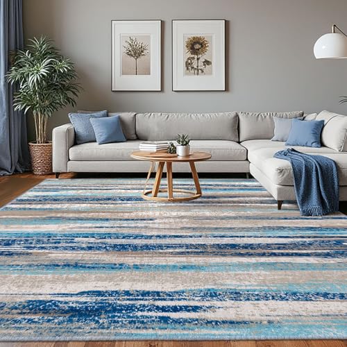 Lansny Modern Abstract 8x10 Large Machine Washable Living Room Rug Non-Slip Soft Bedroom Area Rug Blue Ultra Thin Print Faux Wool Carpet Throw Rugs for Nursery Playroom Dining Room Indoor Office