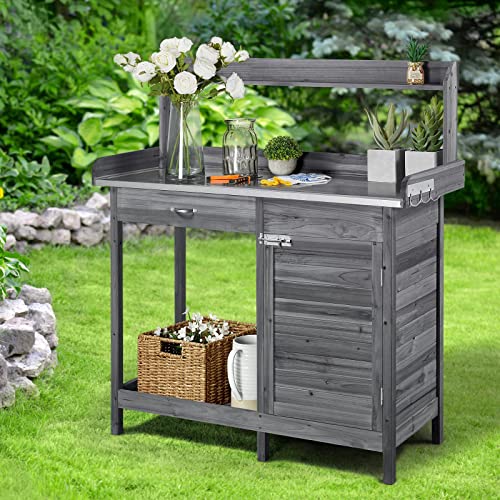 Image of Yaheetech Potting Bench Outdoor Potting Table with Storage,Gray | Outdoor Potting Bench with Spacious Metal Tabletop Keeps Soil and Water Contained While Providing a Durable Work Surface for
