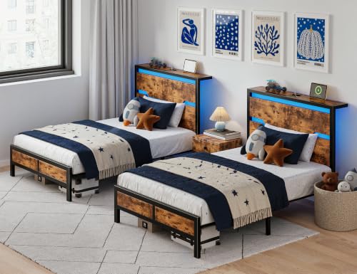 Image of Homkdom Twin Metal Bed Frame with LED Storage Headboard & USB Outlets Brown | Underbed Storage for Saving Space, Noise-Free Quiet Sleep Setup for Teens Room, College Dorms & Small Studio Apartments