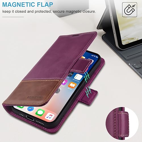 KEZiHOME Compatible with iPhone 15 Pro Case, [RFID Blocking] Genuine Leather Wallet Case [Credit Card Holder] [TPU Inner Shell] Shockproof Stand Flip Cover for iPhone 15 Pro 6.1'' (Purple/Brown) - image 6
