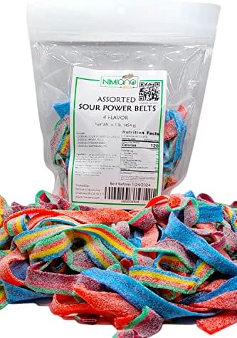 Nimiano Brand Assorted Four Flavor Sour Power Belts Freshly Packaged in Reusable Pouch | Quatros | Berry/Blue |Strawberry | Watermelon | 1 Lb.