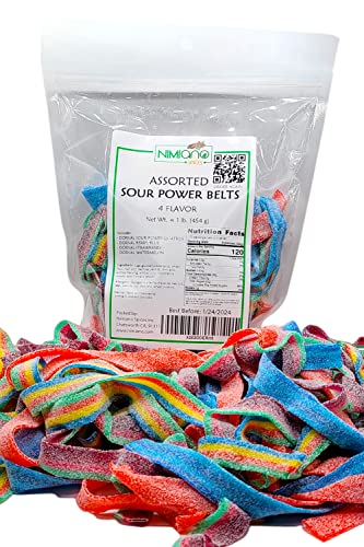Nimiano Brand Assorted Four Flavor Sour Power Belts Freshly Packaged In Reusable Pouch | Quatros | Berry/Blue |Strawberry | Watermelon | 1 Lb. #TOP2