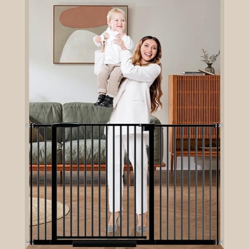 Image of DEARBB Extra Wide Baby Gate Ultra Narrow Spacing 30.11-77.36 inch Pressure Mounted Double Lock Swing Auto Close Walk Through Metal Safety Pet Gate for Stairs and House Doorway Kitchen