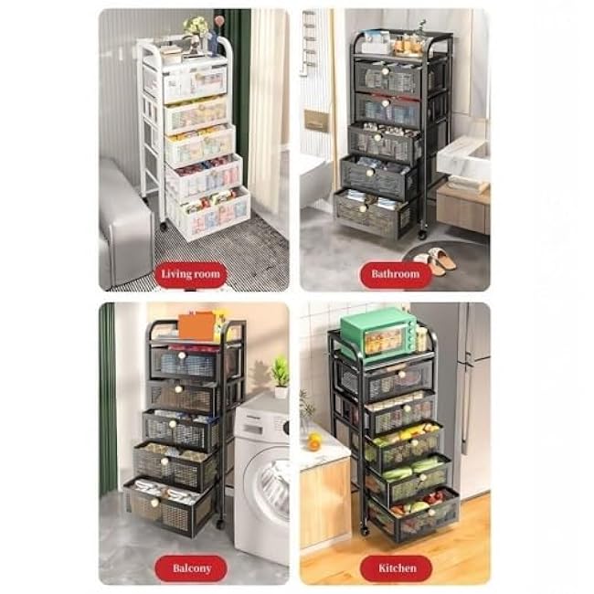 Rolling Kitchen Storage Cart Metal Utility Organizer with Wheels Removable Mesh Baskets Storage Shelves Multi-Purpose(White,101cm)-DOzSw9Cm