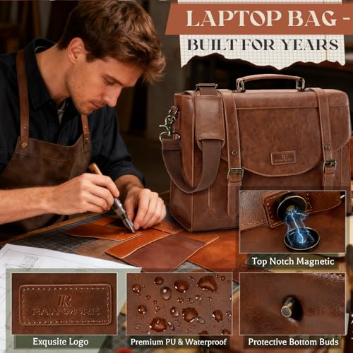 Image of RAINSMORE Flap Messenger Bag for Men Vintage PU Leather Laptop Bag 15.6 Inch Retro Briefcase with Wallet Satchel Computer Bag