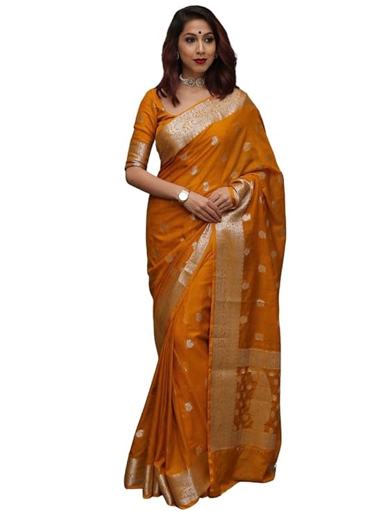 Banarasee Womens Handwoven Semi - Chiffon Saree With Silver Zari Work - Mustard Yellow