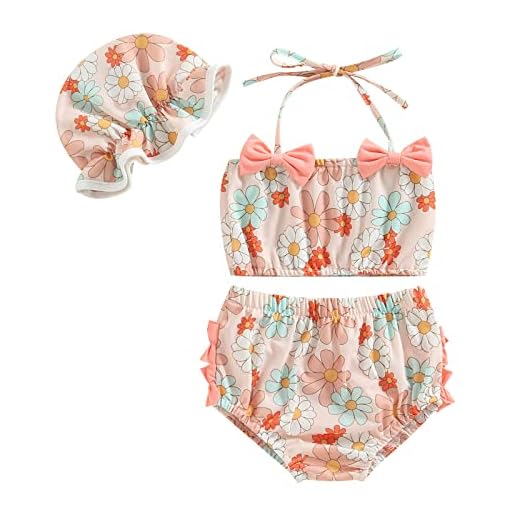 Conjunto de biquíni infantil para meninas, roupa de banho infantil, 3 peças, roupa de praia de verão, shorts e chapéu, P - floral rosa, 6-12 Meses