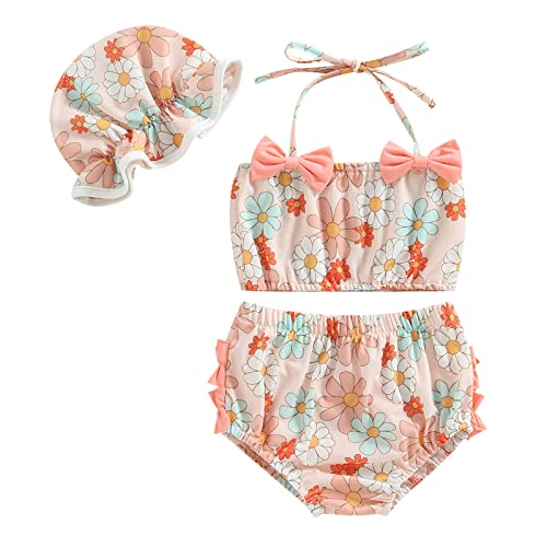 Toddler Girl Swimsuits Infant Baby Girl Bathing Suit Bikini Sets Swimwear 3 Piece Summer Beach Outfit Top Shorts Hat (P-Pink Floral, 6-12 Months)