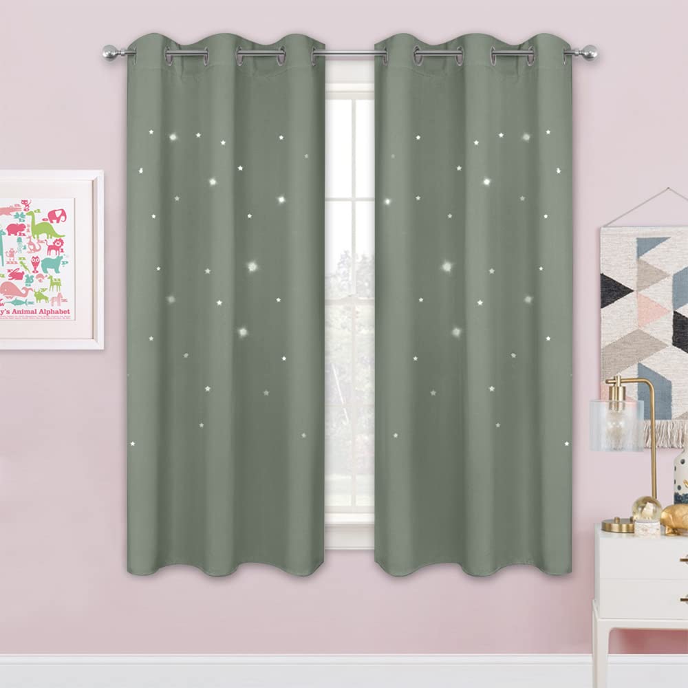 NICETOWN Sage Green Nursery Curtain with Cut Out Stars, W42 x L63, 2 Panels