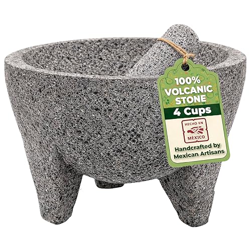 Image of Molcajete 8 in Mexican, Handmade with Natural Volcanic Stone, Artisanal Kitchen Utensil for Grinding with Pores for Crushing, Specially Designed for Grinding Spices, Sauces, and Guacamole
