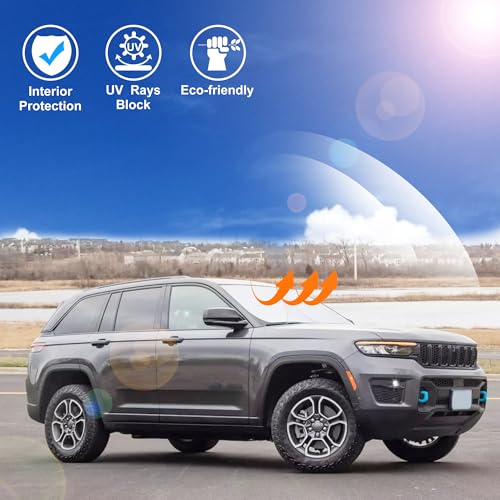 Image of Windshield Sun Shade Custom Fit for 2022 2023 2024 2025 2026 Jeep Grand Cherokee 4XE Accessories Foldable Window Sunshade Protect Car from Sun Rays & Heat Damage Keeps Car Cooler
