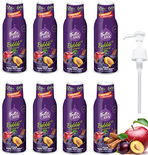 8 paquetes - FruttaMax - Concentrado de jarabe de frutas | Menos azúcar | con un 60% de contenido de fruta | adecuado para máquina de refrescos (8 x 500 ml) (8 x Ciruela-Canela-Manzana)