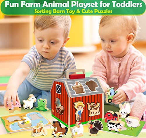 Wooden Farm Animals Toys For 1 2 3 Year Old Girl Boy, Take-Along Sorting Barn Toy With Baby Chunky Puzzles, Montessori Learning Toys For Fine Motor Games, Christmas Birthday Gifts For Toddlers 1-3 #TOP4