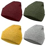 MENOLY Kids Winter hat, 4 Pack Kids Winter Beanies Hat Skull Cap Stretch Knit Beanie Hat Cap for Girls Boys Toddler Toque- Ginger Yellow, Light Gray, Military Green, Burgundy