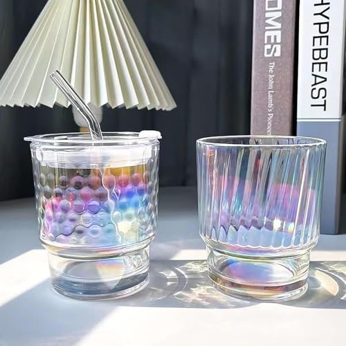 Image of Kamvy Glass Tumblers with Straws and Lids | 400ml Aesthetic Coffee Sipper Mug with Wide Mouth | Rainbow Glass Drinking Mason for Iced Tea | Cold & Hot Beverages Cups (RAIN STRIPPEED)