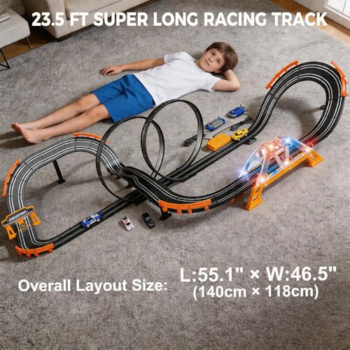 Image of Slot Car Race Track Sets with 4 High-Speed Racing Slot Cars Electric Dual Racing Game with 2 Controllers Circular Overpass Track Featuring Flash Bridge Pendulum Gifts Toys for Boys Kids Age 6 7 8-12