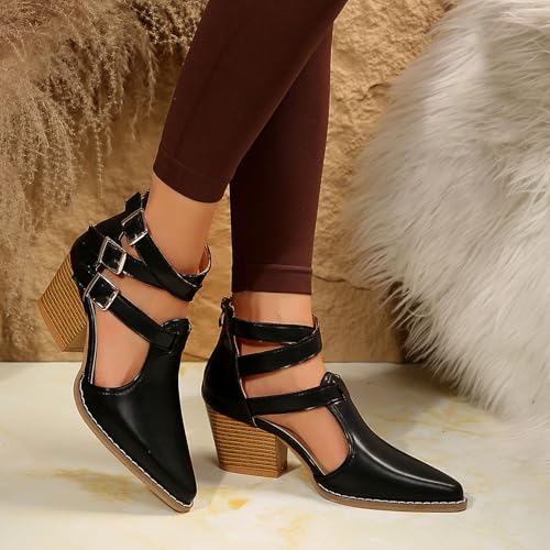 Womens Chunky Low Heels Closed Pointed Toe Ankle Strap Pumps Vintage Dress Wedding Party Shoes Women's Leather Block Heel Roman Sandals with Buckle Comfortable Retro Belt Shoes3