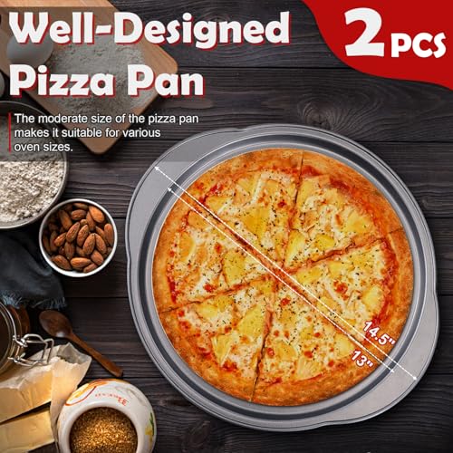 Unokit 13" Pizza Pan for Oven 2PCS, Round Carbon Steel Pizza Pan with Oven Mitts, Non-Stick Pizza Tray with Perforated Holes and Grip Handles, Dishwasher Safe, Grey - Thumbnail 2