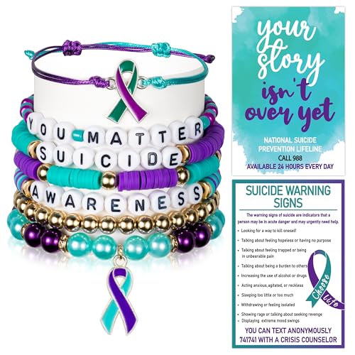 Y1tvei Suicide Awareness Bracelets Set- 7Pcs Suicide Prevention Awareness Colorful Clay Bead Surfer Bracelet with Ribbon Motivational Jewelry Accessories Gift for Suicide Mental Health Care Supplies