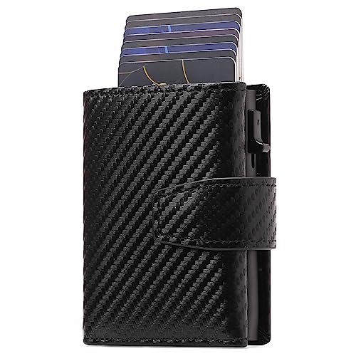 SENDEFN Kartenetui mit Münzfach | Geldbörse Herren RFID Schutz | Geldbeutel aus echtem Leder | Mini Portemonnaie Herren Slim Wallet | Pop-up Kartenhalter | Clip aus Aluminium (Schwarz)