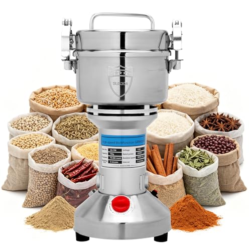 2000W Electric Grain Mill Grinder, 750g High Capacity Stainless Steel Pulverizer, Heavy Duty Spice & Herb Grinder for Dry Ingredients, 50-300 Mesh Powder Machine for Home & Commercial Use