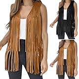 Generisch Chaleco de ante sintético para mujer, con flecos, estilo étnico, vaquero, vaquera, hippie, sin mangas, cárdigan para carnaval, disfraz, cosplay, fiesta, 60, 70, piel sintética, chaleco con