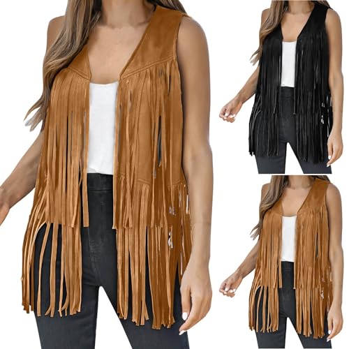 Generisch Chaleco de ante sintético para mujer, con flecos, estilo étnico, vaquero, vaquera, hippie, sin mangas, cárdigan para carnaval, disfraz, cosplay, fiesta, 60, 70, piel sintética, chaleco con