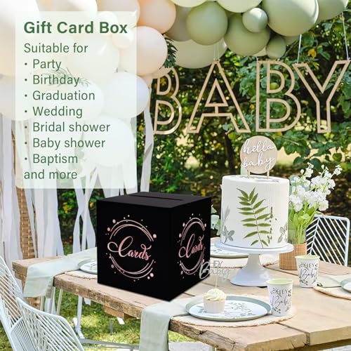 Image of 1 Pack Black and Rose Gold Foil Card Box for Party, 8.7 inch Black Gift Card Box Money Box for Birthday, Wedding, Baby Shower, Retirement, Anniversary, Bridal Shower, Raffle Ticket