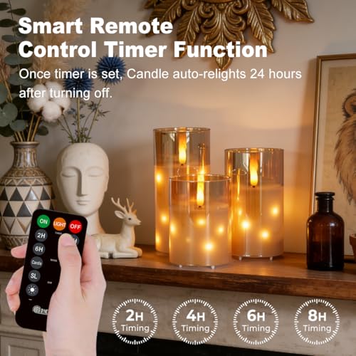 Image of LEDHOLYT Rechargeable Glass LED Flameless Candles, Embedded Star String Flickering Flameless Candles for Romantic Ambiance and Home Decoration with Remote & Timer(Gold)